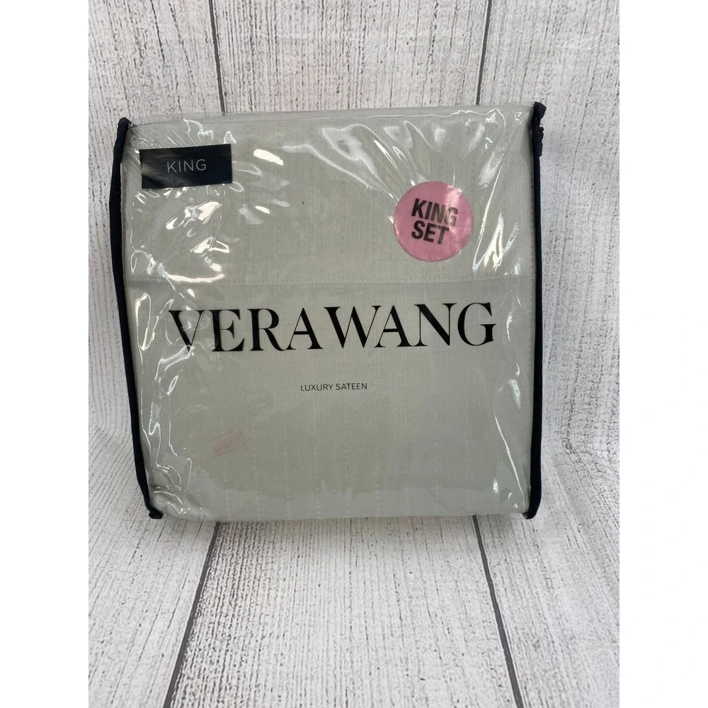 Vera Wang Sheet Set King Gray Luxury Sateen 100% Cotton Dotted Line Minimalist